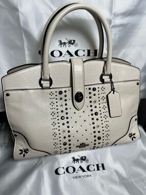 Coach Mercer 24 Bandana Rivets Leather Chalk White Satchel